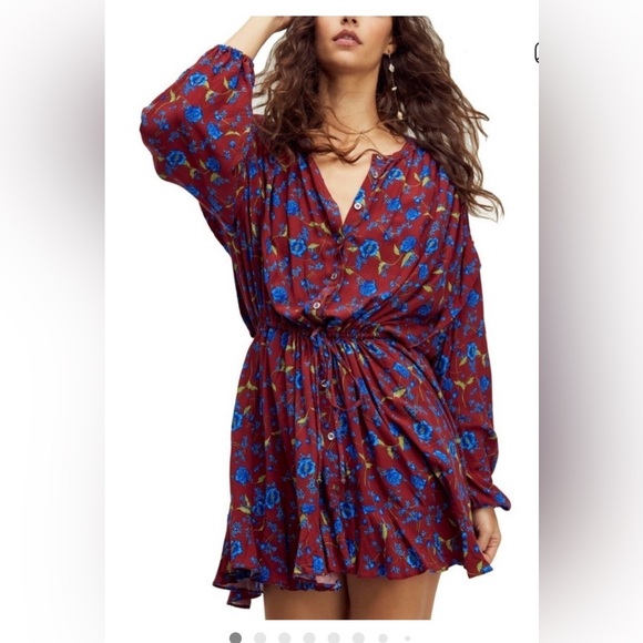 Free People Dresses & Skirts - Free People Floral Button-Front Burgundy Mini Dress